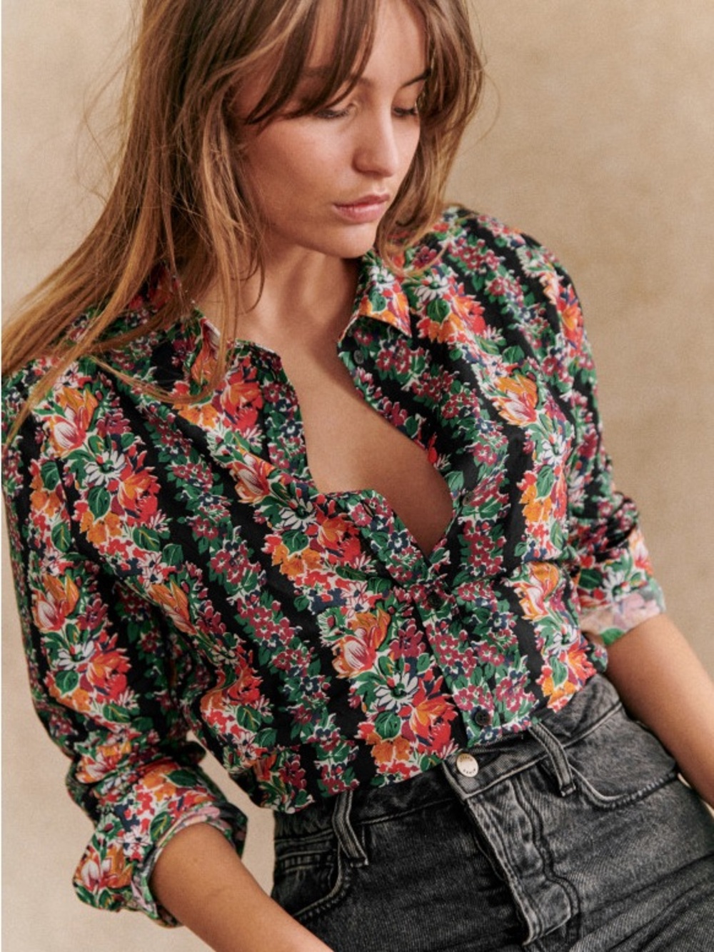 Sézane Pierro Long Sleeve Button-Down Shirt Black Striped Floral Womens Sz EU 34